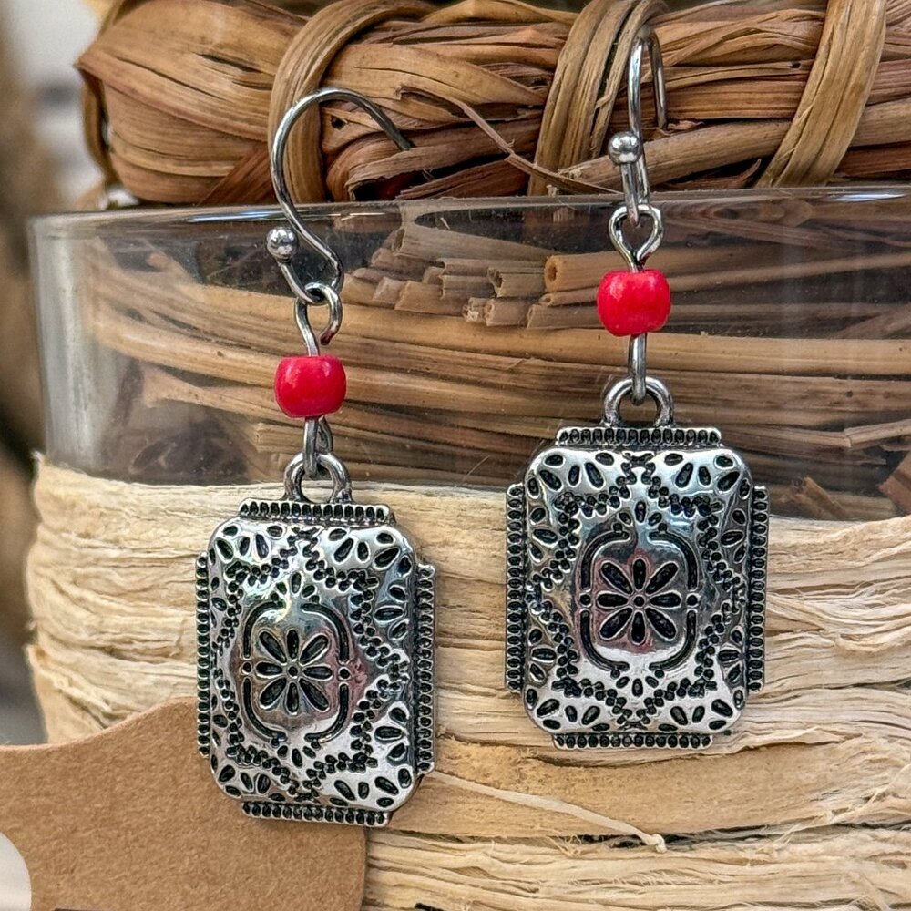 NWT Justin Silver Concho + Coral Red Bead Western Dangle Earrings